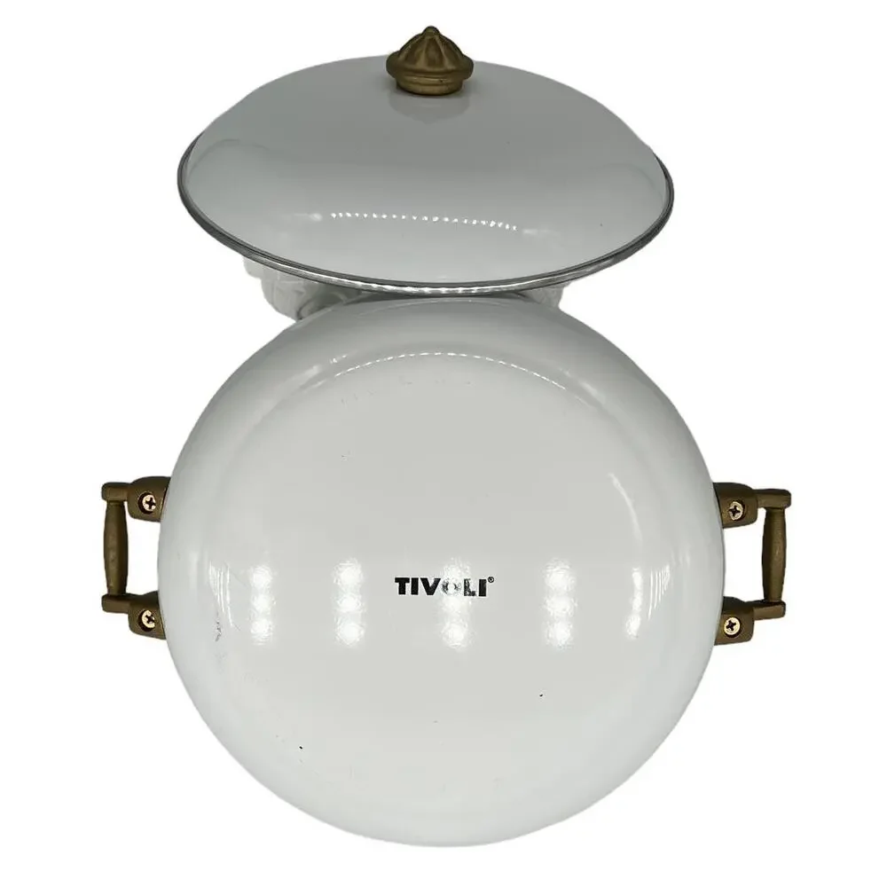 Tivoli Vintage White Enamelware Stock Pot with Lid | Brass Handles Retro Kitchen